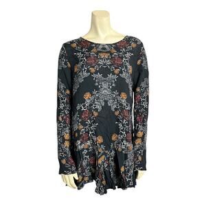 Free People Women's Tunic Top Mini Dress Medium Black Floral Long Sleeve Boho
